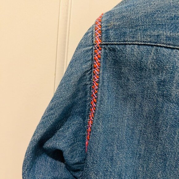 Vtg 70's Maverick Embroidered Denim Pearl Snap Shirt Long Tail Western Cowboy - Picture 3 of 16